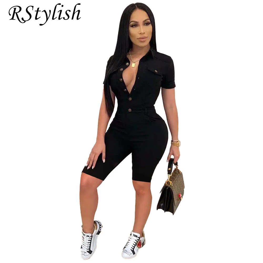 

RStylish Summer Rompers Womens Jumpsuit Female One Piece Overalls Casual Bodycon Black Short Sleeve Button Down Jumpsuits