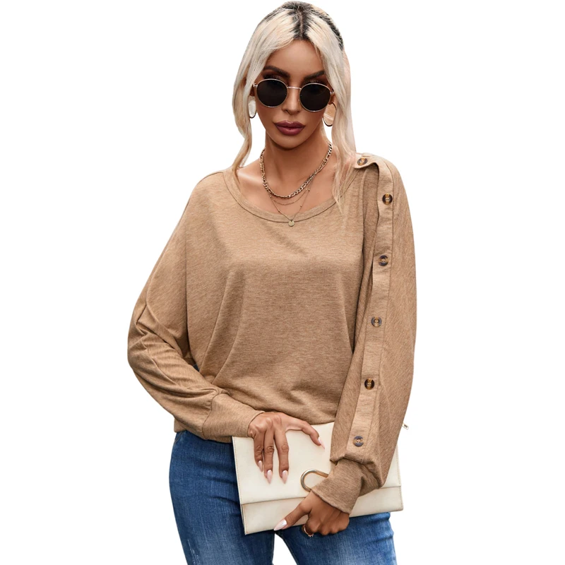 

Женская толстовка с капюшоном, осенняя стильная Асимметричная однотонная свободная уличная одежда с круглым вырезом, Женский пуловер, повседневный женский топ на пуговицах