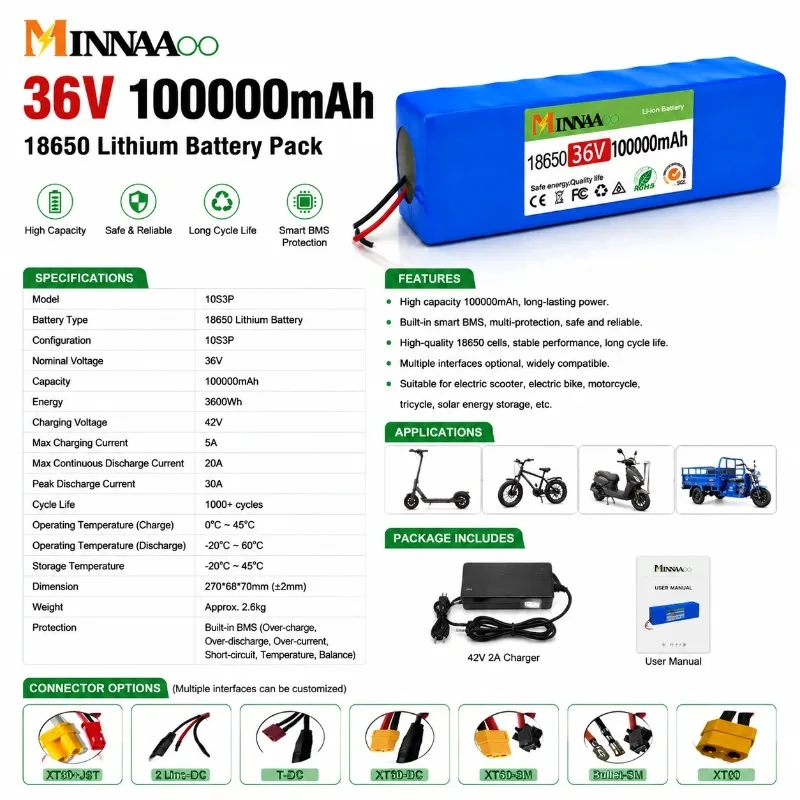 Фото Аккумуляторная батарея MINNAAOO 36В 100000мАч Li-ion с разъемом XT60 и BMS для самоката Xiaomi M365 №3