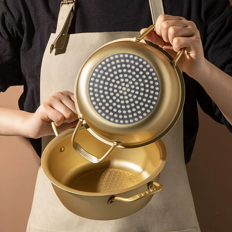 

Золотая рамен в Корейском стиле, глиняная кастрюля для лапши, алюминиевая бинауральная суповая кастрюля с крышкой, кастрюля для приготовления молока, кухонная посуда