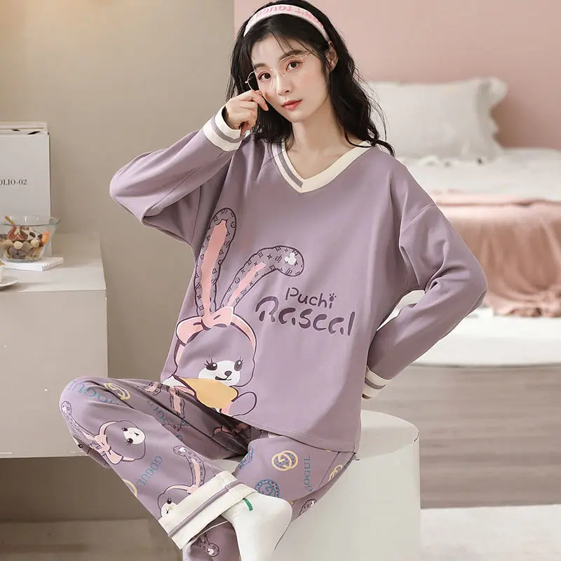 New spring and autumn pajamas women's cotton long-sleeved suit cute cartoon wearing casual student home clothes two-piece.