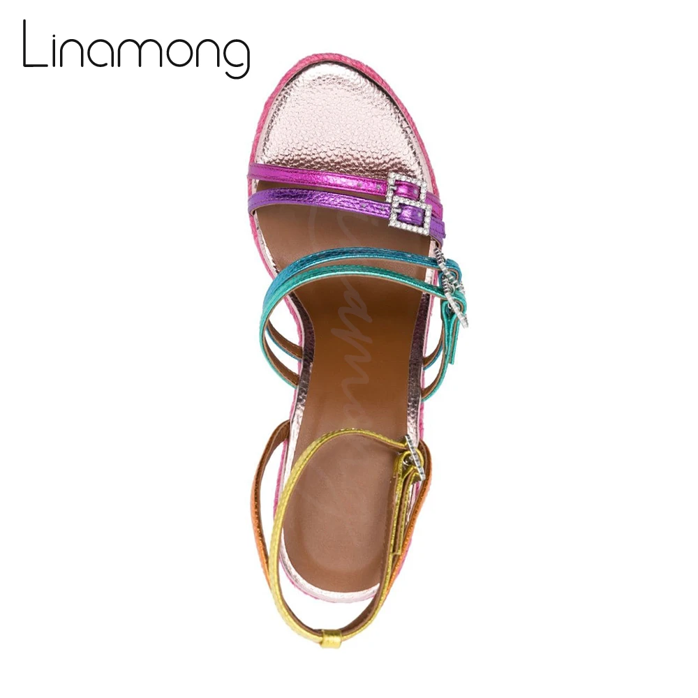 Rainbow Print Espadrille Wedges Genuine Leather Buckle Sandals Mixed Color Rhinestone Bling Bling High Heels Women Summer Shoes