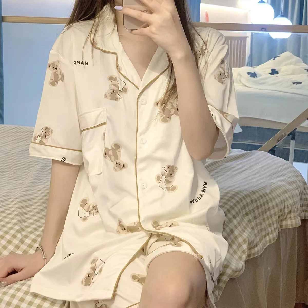 

Пижама с принтом медведя в Корейском стиле, женские комплекты одежды, летняя Милая пижама для девочек-подростков, кавайная Пижама, одежда дл...