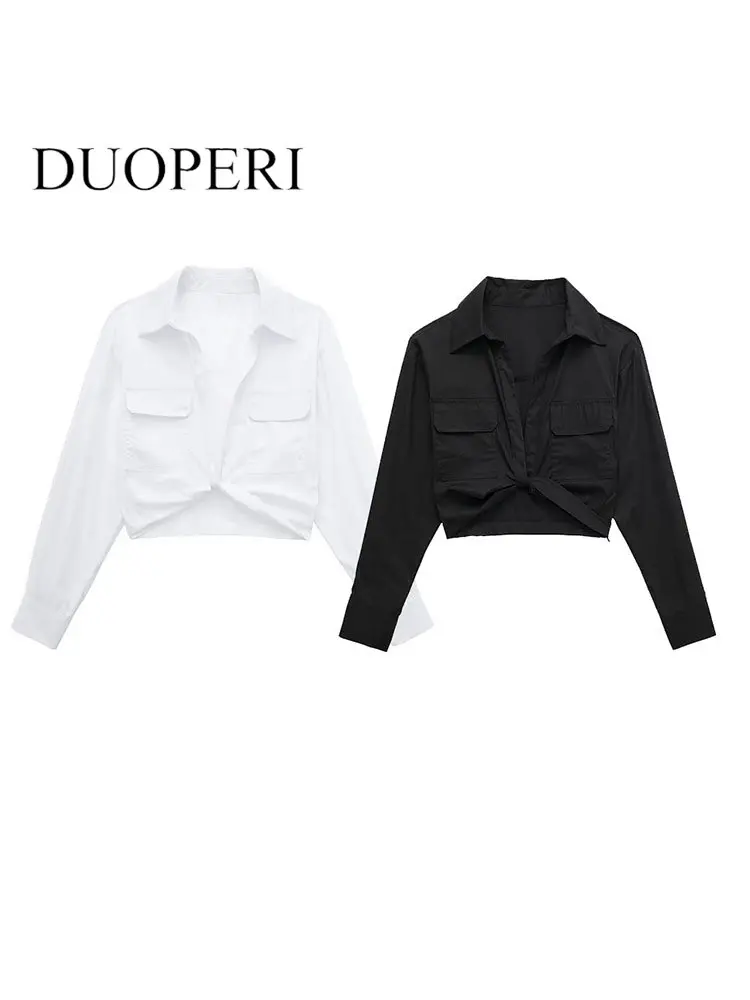 

DUOPERI Women Fashion Knot Solid Cropped Blouse With Pockets Vintage Lapel Neck Long Sleeves Female Chic Lady Shirts