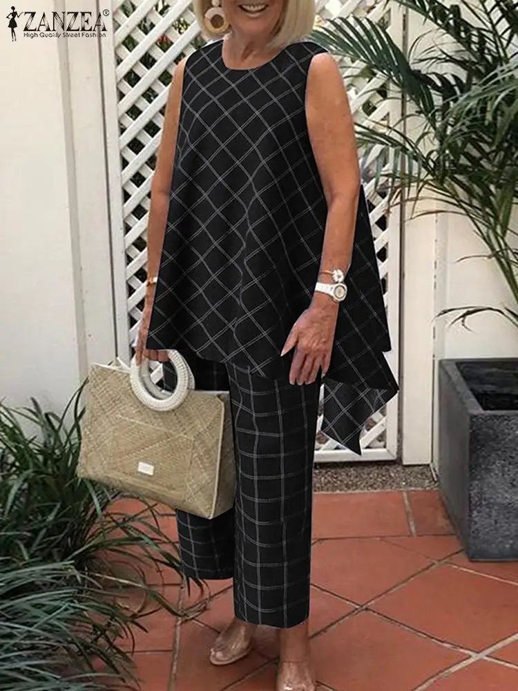 

ZANZEA Fashion Urban Tracksuit 2PCS Summer Plaid Checked Pant Sets Elegant Sleeveless Blouse Suits Casual Work OL Matching Sets