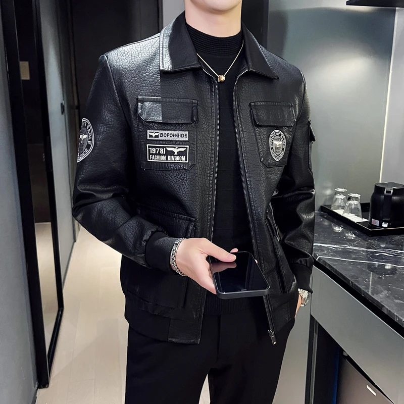 

2022 Autumn Winter Leather Men Jacket Warm Motorcycle Jacket Slim Fit Male PU Faux Leather Coat Men's Thicken Zipper Windbreaker
