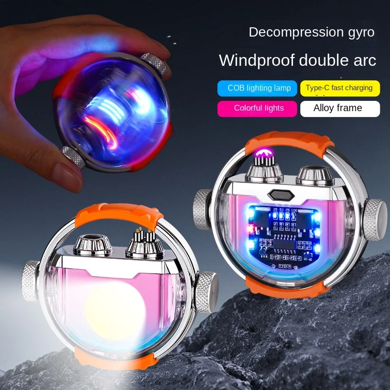 

New Decompression Gyro Windproof Double Arc Lighter Alloy Frame with Illumination Lamp USB Charging Lighter Smoking Tool
