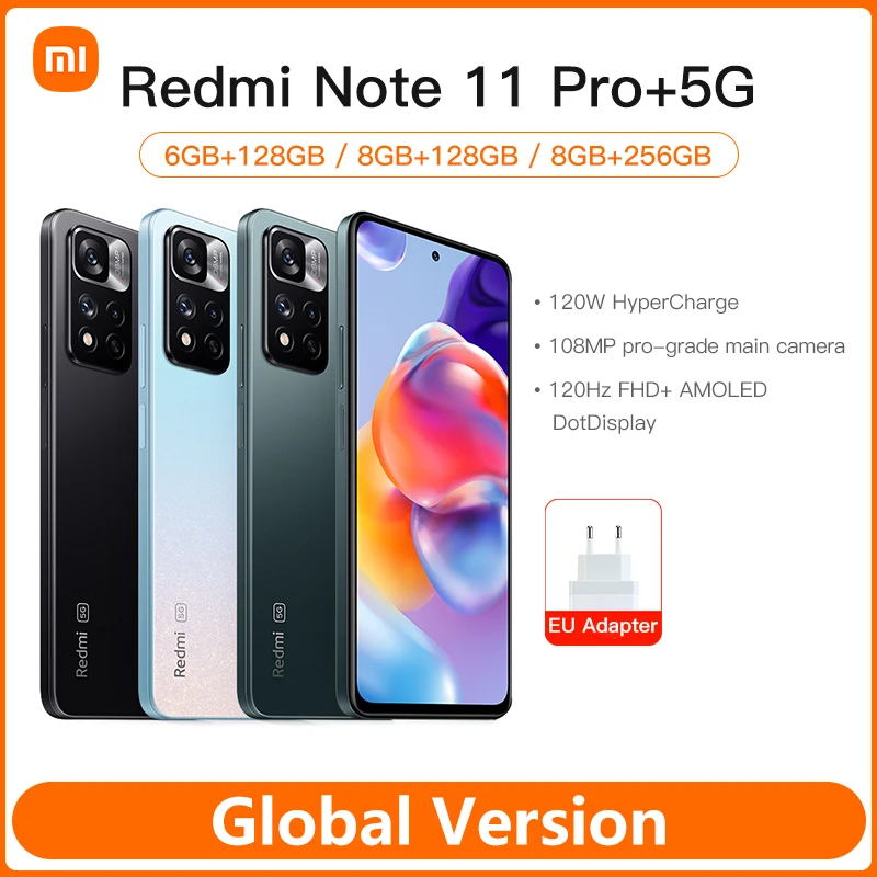 

Global Version Xiaomi Redmi Note 11 Pro+ 5G Plus Smartphone 120W HyperCharge Dimensity 920 120Hz AMOLED 108MP