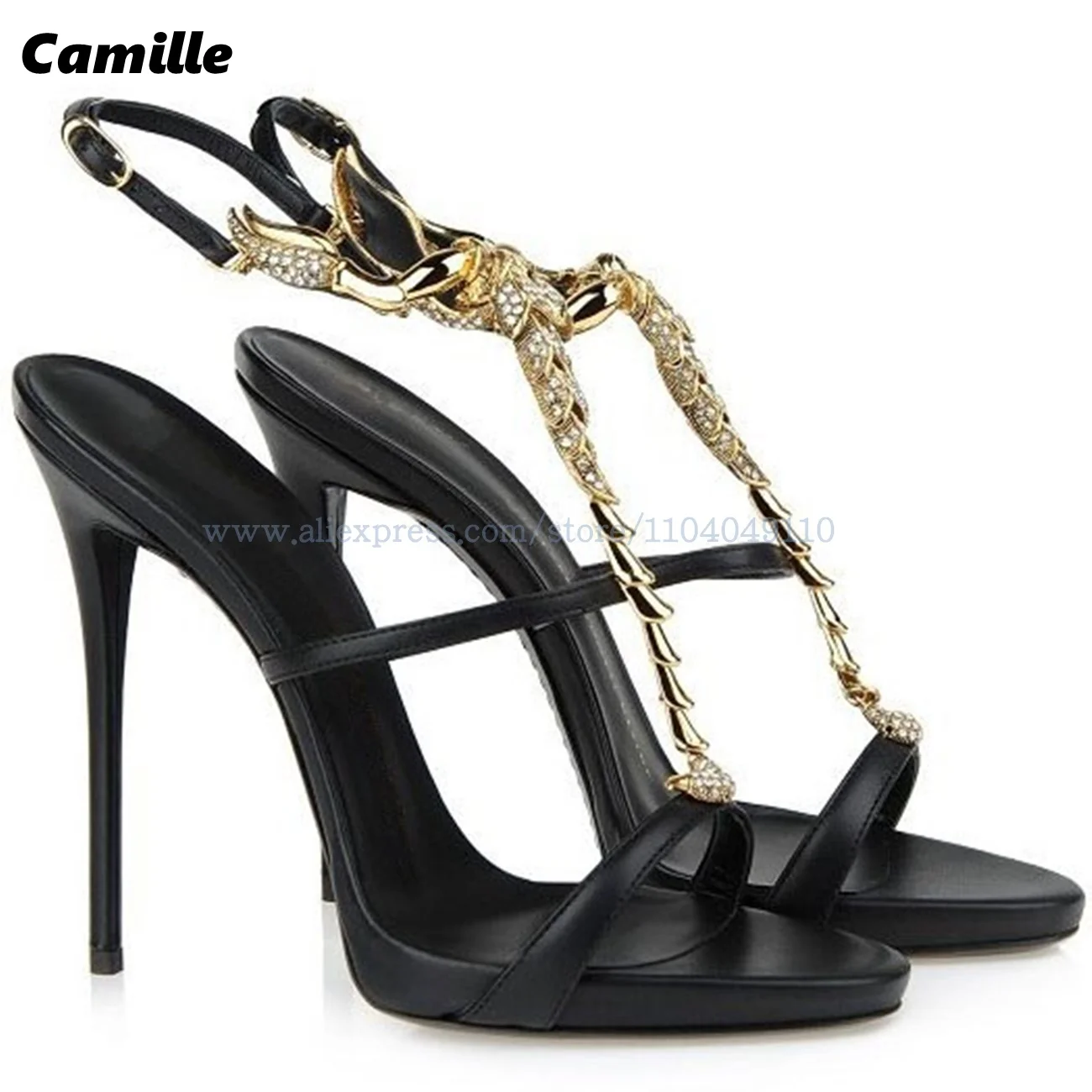 Черные ремешки с пряжкой Т-образные шпильки высокие каблуки 2025 одним словом