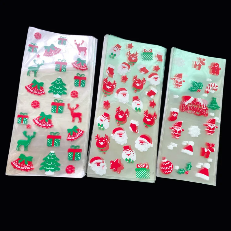 

25pcs Christmas Candy Bags Santa Claus Snow Deer Merry Christmas Print Plastic Bags Open Top Xmas Party Favor Packaging Supplies