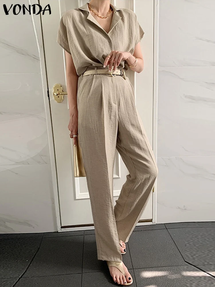 

VONDA Summer Short Sleeve Pant Sets Fashion Women Lapel Casual Button Blouse Tunic Pocket High Waist Straight Long Trousers Set