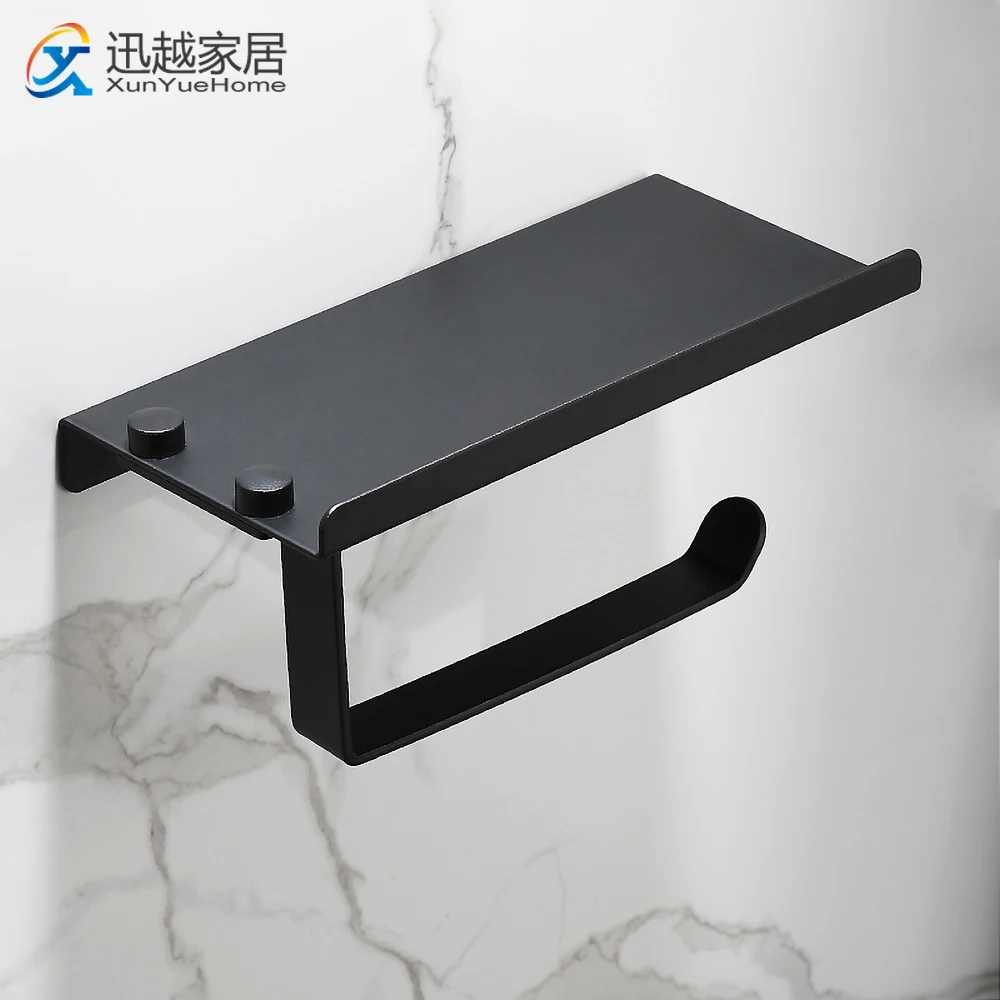 

Wall Paper Holders Black Aluminum Rolling Tissue Hanger WC Phone Holder Shelf Toilet Tray Towel Hanging Bathroom Accessories