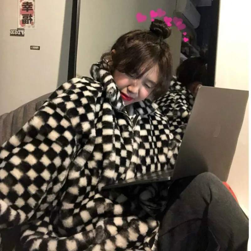 Goth Fashion Plaid Fur Jacket Women Vintage Checkerboard Gothic Style Streetwear All-match Outwear Harajuku Jackets Fur Coat y2k