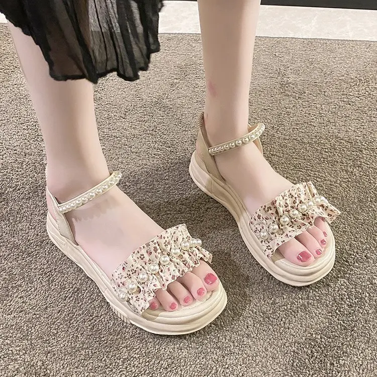

Pearl Sandals Female Shoe All-Match Med 2022 Summer Breathable Girls Multicolored Medium Comfort Flat New Cotton Fabric Basic C