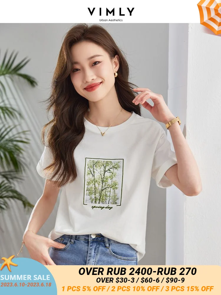 

Хлопковая белая футболка Vimly для женщин, лето 2023, шикарная свободная футболка с вышивкой, круглым вырезом и коротким рукавом, базовые тонкие Топы