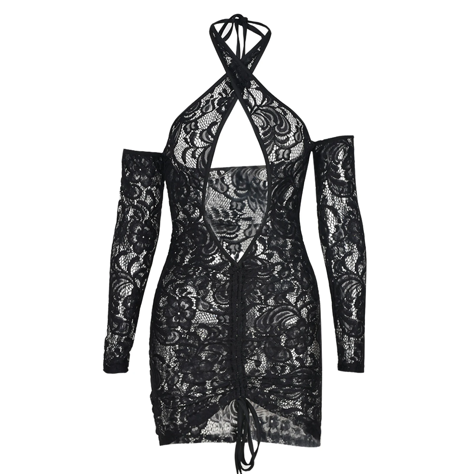 

Women Halterneck Dress Lace Hollow-Out Long Sleeve Tight OnePiece with Drawstring for Ladies Black