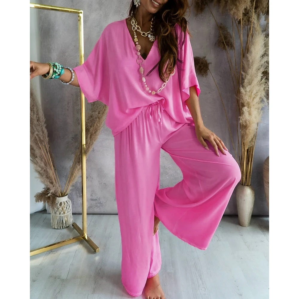 Autumn Women V-Neck Batwing Sleeve Top & High Waist Pants Set Solid Sleepwear Long Sleeve Two Pieces Homewear Casual Pajamas Set