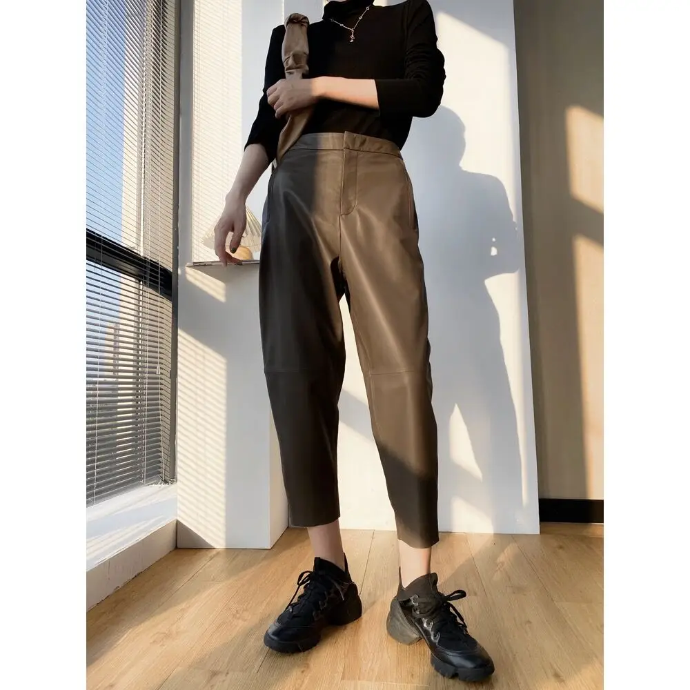 Women's Trousers 100% Natural Sheepskin Genuine Leather Fashion Female Ankle-Length Pants Sheepskin Design A Real Slim  H114
