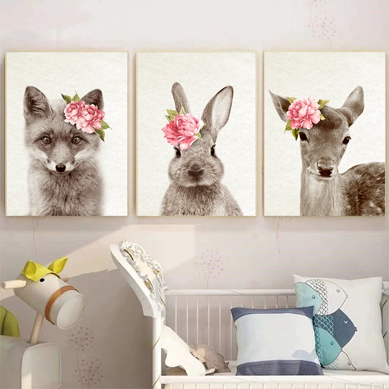 Детский постер с животными красные цветы лиса кролик |