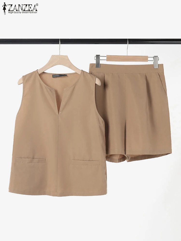 Комплект ZANZEA летний из 2 предметов повседневный Свободный Топ без рукавов и Шорты