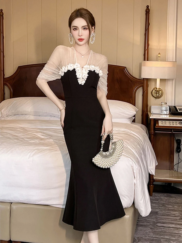 Новое летнее Сетчатое Прозрачное Черное вечернее платье женская одежда