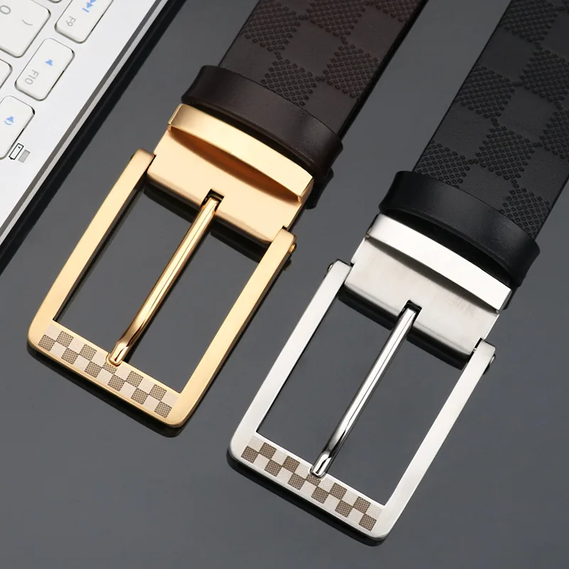 2023 new plaid belt men's leather leather leather stainless steel needle buckle belt top layer pure leather casual fashion belt