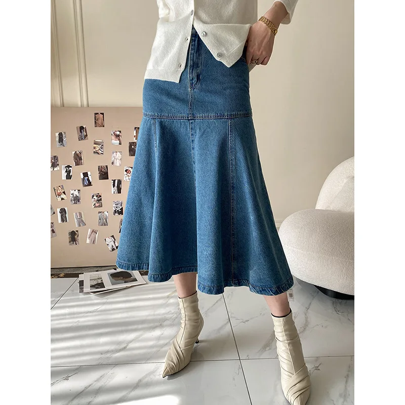 

2021 Good Quality Women Denim Skirt High Waist Women A-Line Skirt Fashion Mid-Calf Length Skirt Femme Faldas Jupe Saia