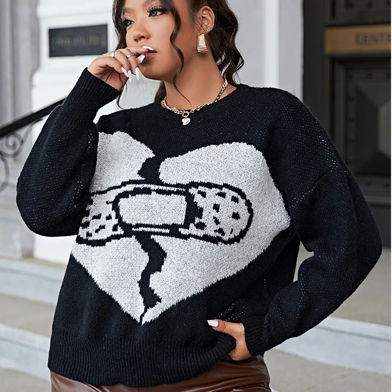 

Fashion Love Plus Size Women's Sweater Print Heartbeat Pattern Autumn Winter Clothing Knitting Pullover New Oversize Top