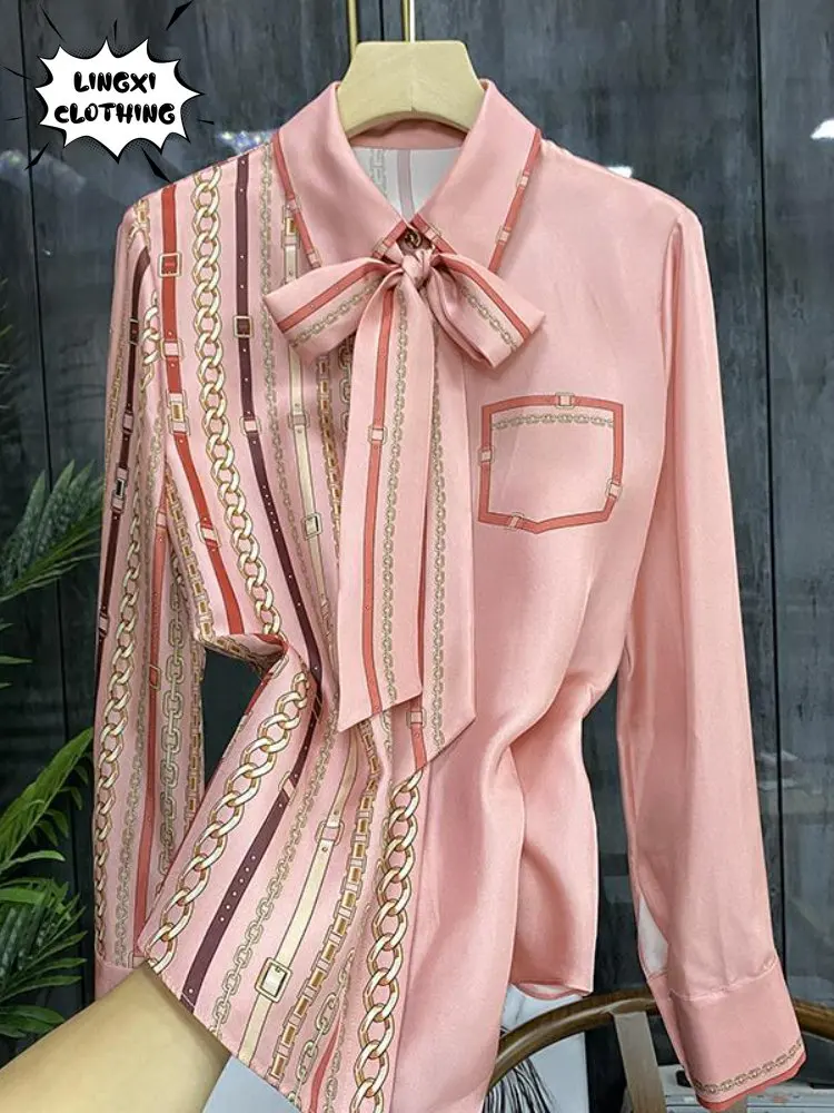 

2023 Summer New Chain Print Pattern Ribbon Imitation Silk High End Luxury Style Shirt Girls Elegant Party Wear Long Sleeve Top