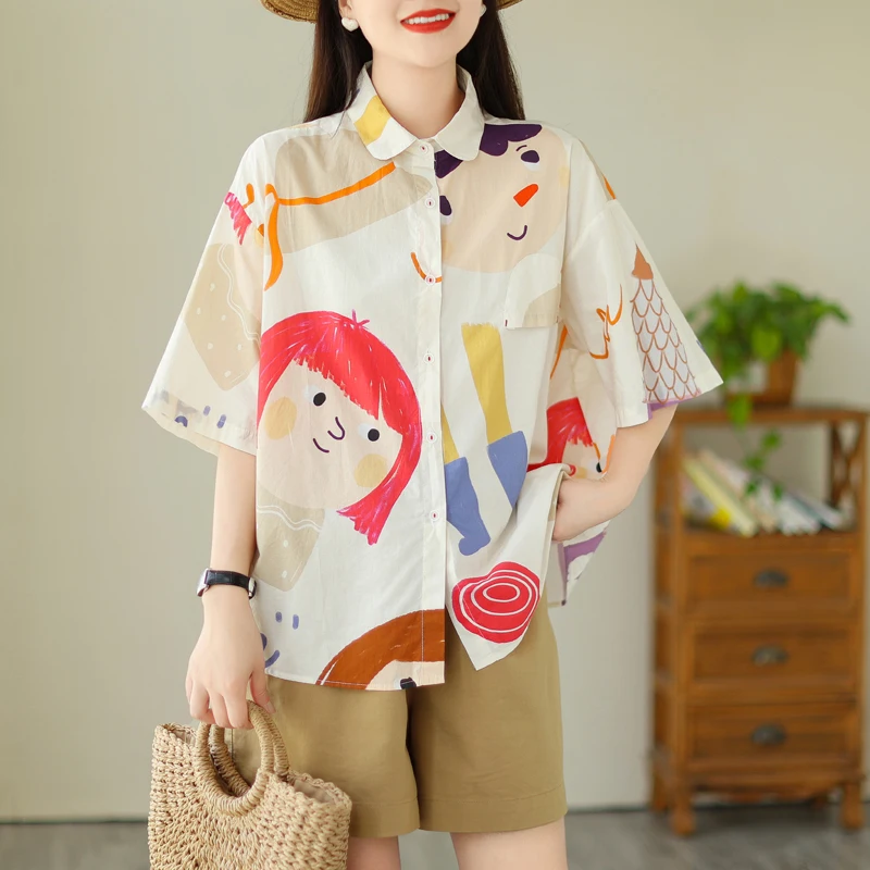 

2023 New Arrival Japanese Harajuku Style Tie Dye Print Chic Girl's Loose Summer Cartoon Blouse Fashion Women Casual Blouse Shirt