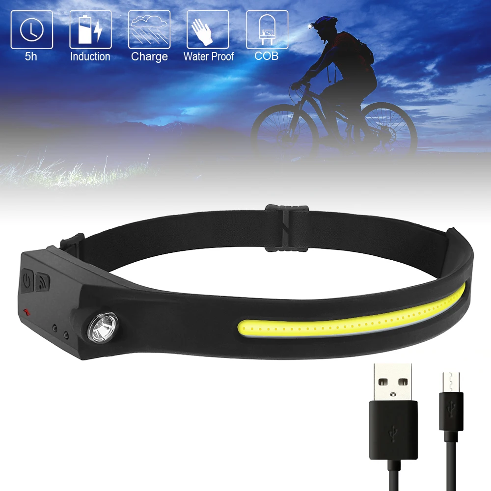COB LED USB 4 режима освещения Перезаряжаемая фара Датчик фары Встроенная литиевая