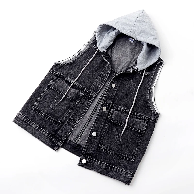 

Removable Korean Hooded Denim Vest Women Blue Black Waistcoat Big pocket Sleeveless Jacket Coat Female Loose Short Jeans Vests