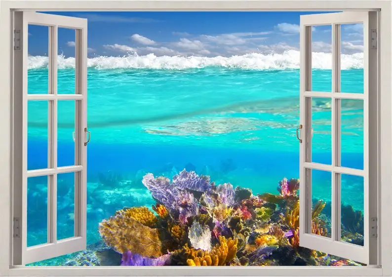 

Underwater wall sticker Coral reef 3D window, ocean wall decal for home decor, colorful sea wall art for nursery kids children h