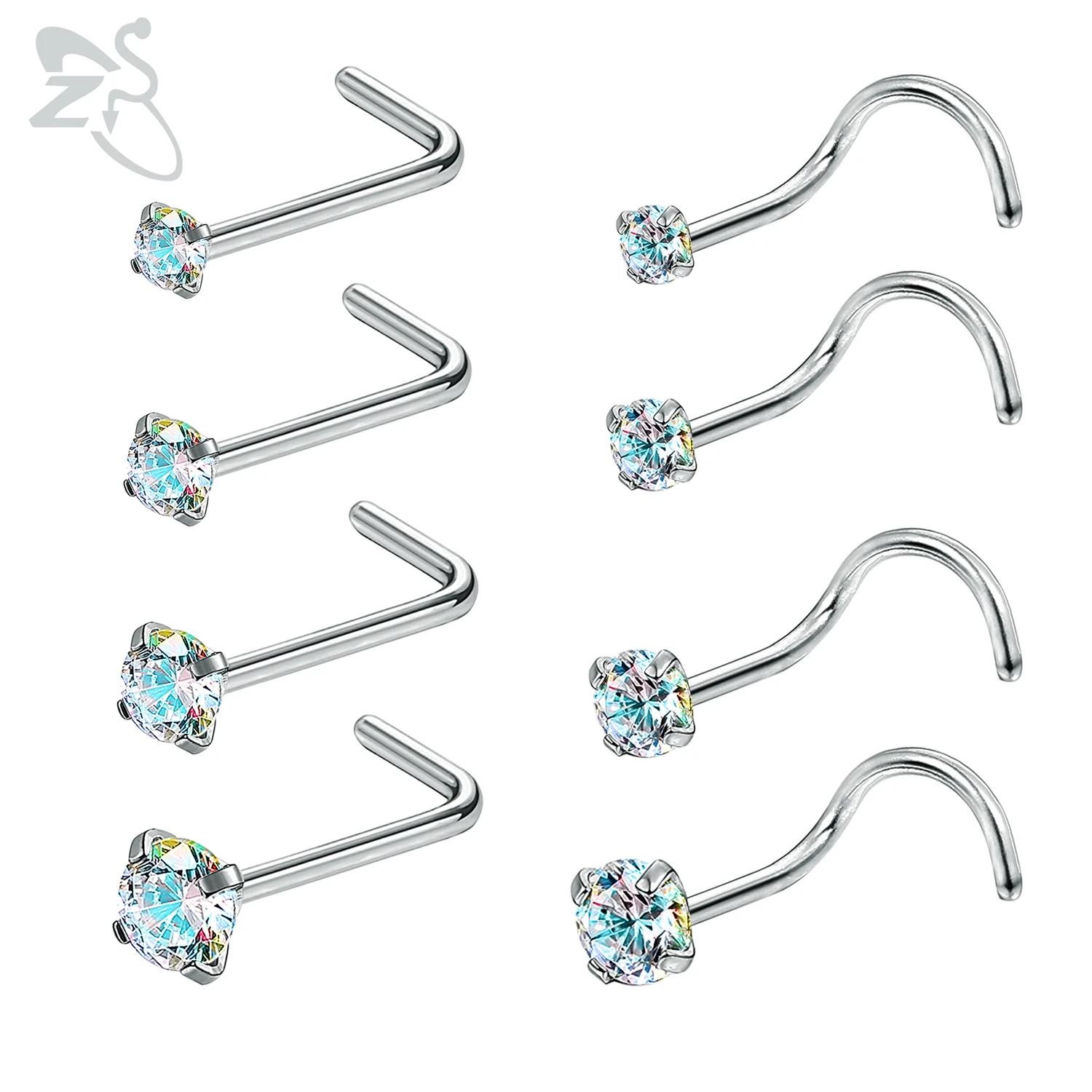 

ZS 8 Pcs/lot 20g 316L Surgical Steel Nose Studs Screw&L Shape AAA CZ Crystal Nose Piercings 4 Size Round Zircon Nostril Piercing