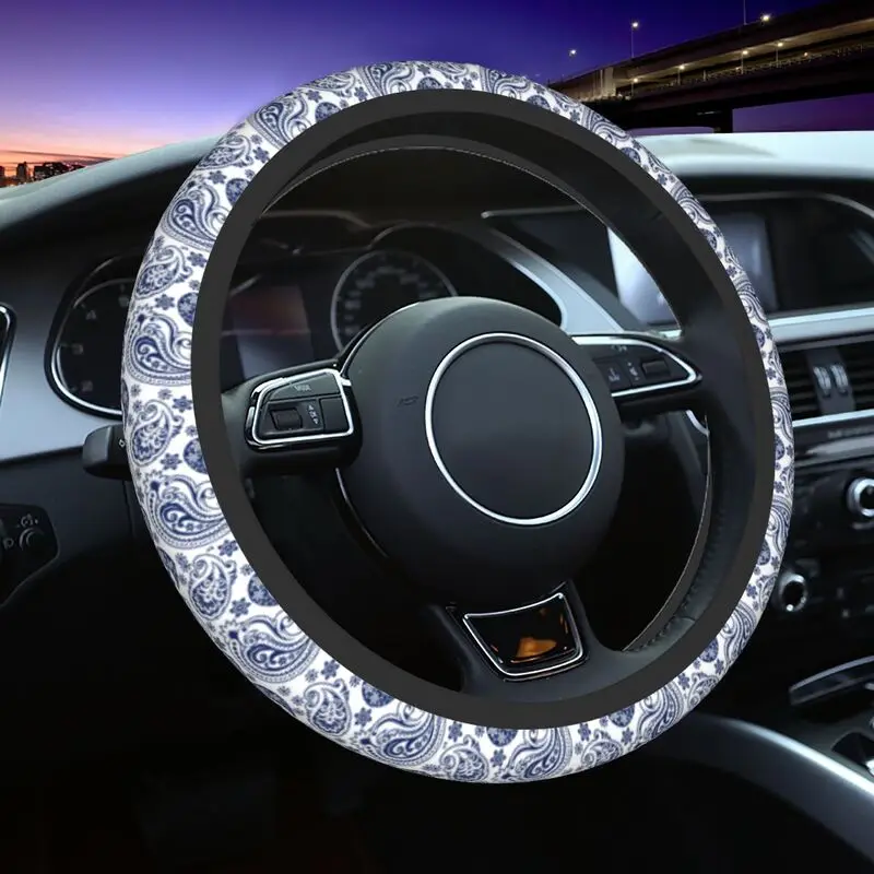 

38cm Blue White Vintage Paisley Style Steering Wheel Cover Auto Car Steering Wheel Protector Fit for SUV Car 14.5-15 Inch