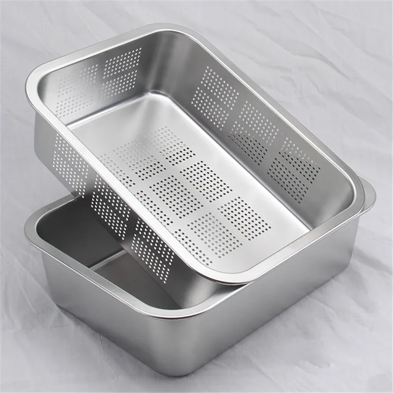 

304 tray stainless steel Storage Trays leak plate hole Mesh Strainer Colander wash vegetable basin drying water filter basin lid