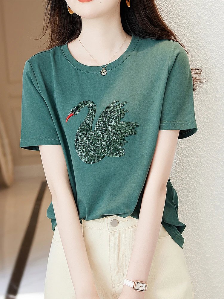 

2023 модная женская одежда BOBOKATEER, летняя хлопковая футболка с коротким рукавом, женские повседневные футболки с блестками и лебедями, женские футболки