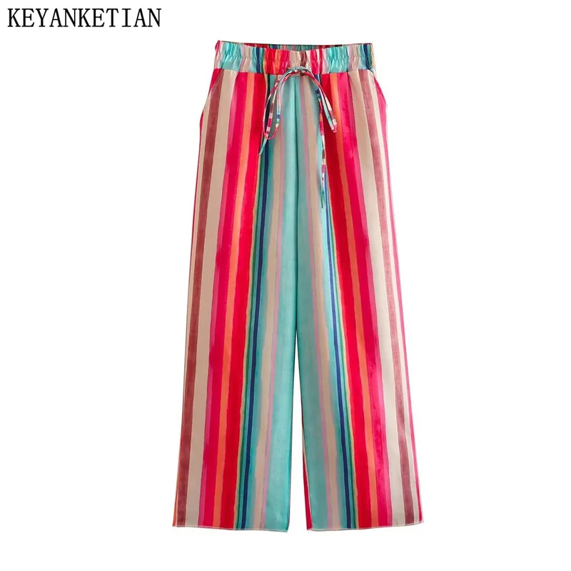 

Цветные полосатые женские брюки KEYANKETIAN, осенняя новинка, уличный стиль, эластичные свободные широкие брюки на шнуровке с высокой талией, длинные брюки