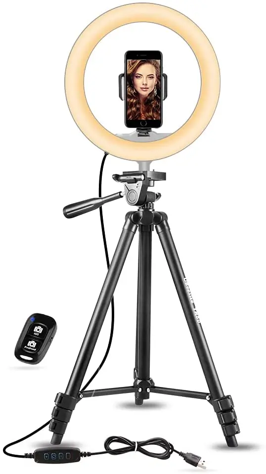 

UBeesize 10" Selfie Ring Light with 50" Extendable Tripod Stand & Phone Holder for Live Stream/Makeup, Mini Desktop Led Camera