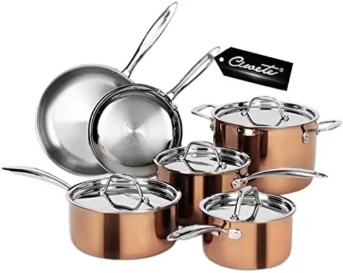 

Whole Tri-ply 18/10 Stainless Steel Pot and Pan Set (10 Piece), Copper Pots and Pans Set with Stainless Steel Lid, Induction Coo