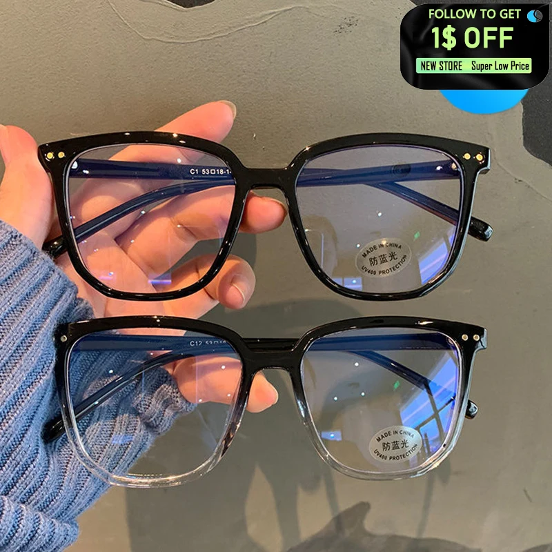 

Fashion Anti-Blue Light Glasses Large Black Square Frame Men Women Computer Gaming Eye Protection Classic Plain Glass Spectacles