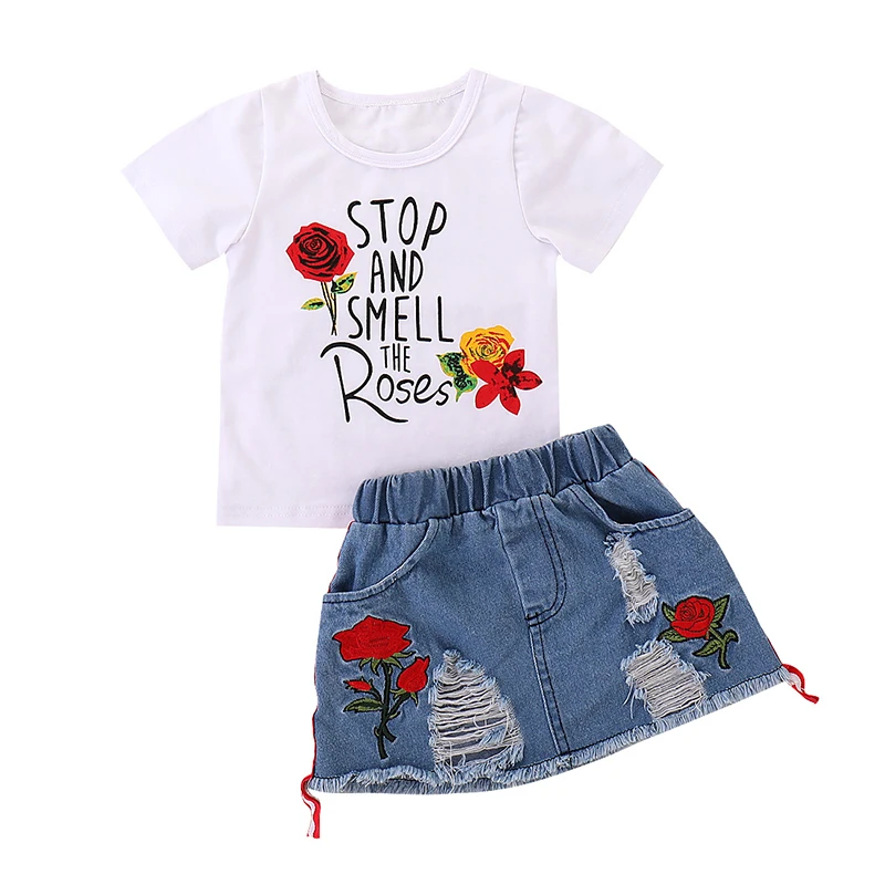 

2Pcs Toddler Children Outfits Clothing Sets Kids Set Children's Clothes Suit Summer Flower Print Set Top+Denim Skirt 1-6Yrs