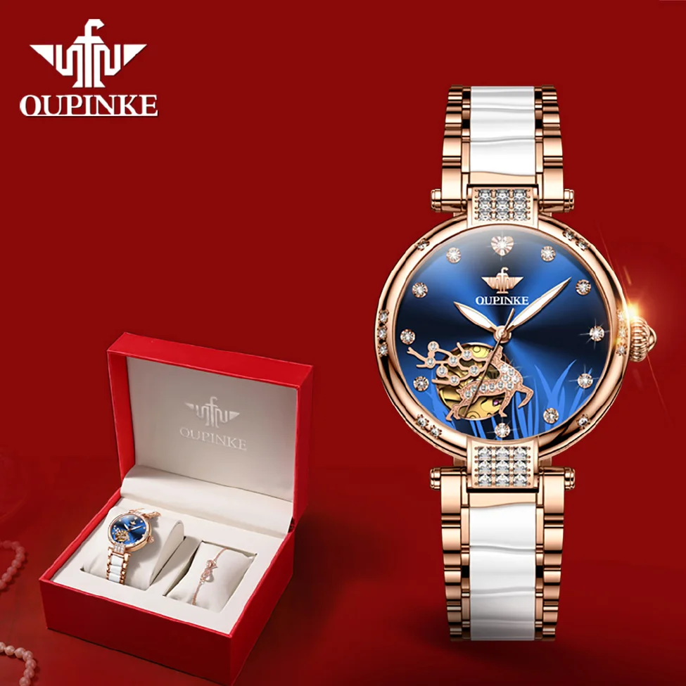 

OUPINKE Luxury Watch for Women Waterproof Automatic Mechanical Wristwatch Ceramic Jewelry Ladies Watches Bracelet Gift Set 2022