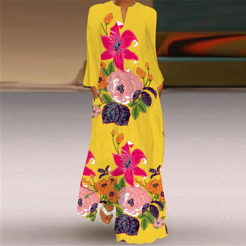 

Spring Autumn Flowers Printed Party Dresses Yellow Long Sleeve Beach Casual Dressss Woman Elegant V Neck Loose Maxi Dress Women