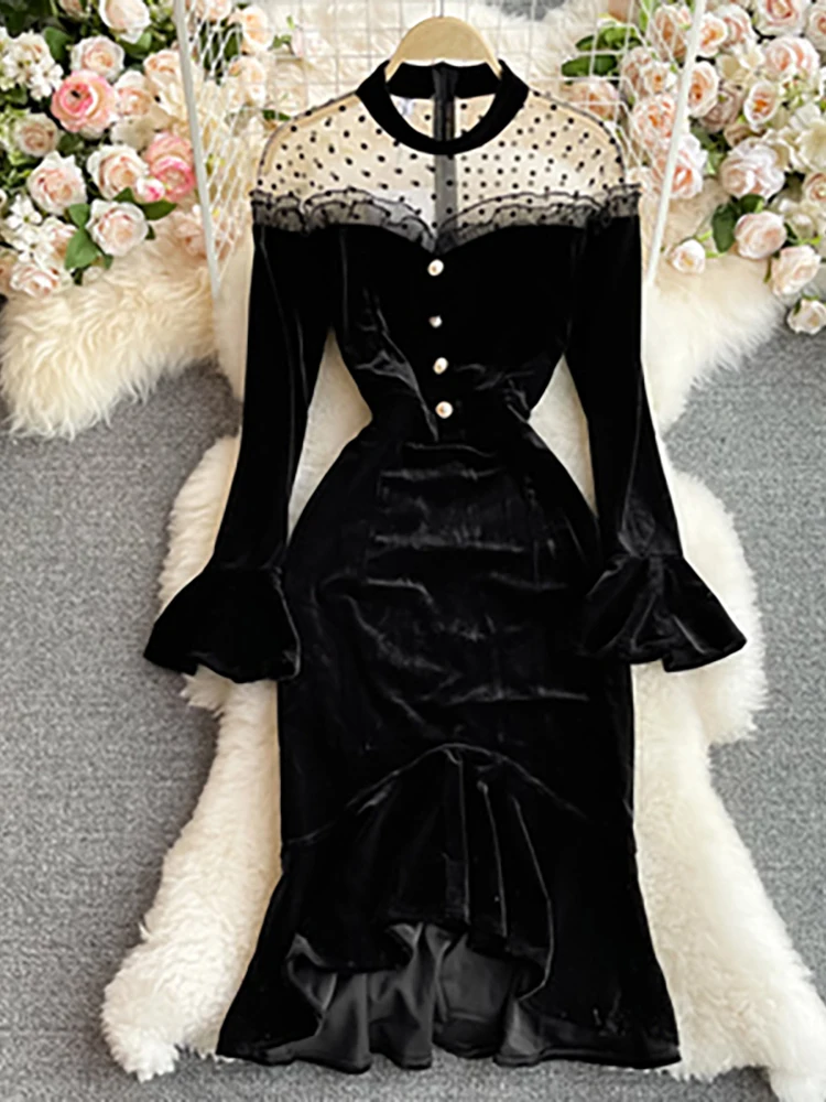 

Осеннее женское черное Сетчатое бархатвечерние вечернее платье в стиле пэчворк, элегантное платье с воротником-стойкой, расклешенным длин...