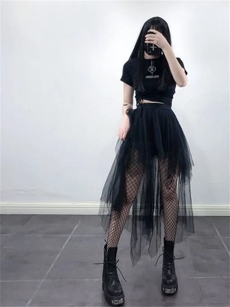 Gótico preto malha longa mini saia feminina multicamadas irregular escuro estética fada grunge midi saias punk emo alt coreano moda