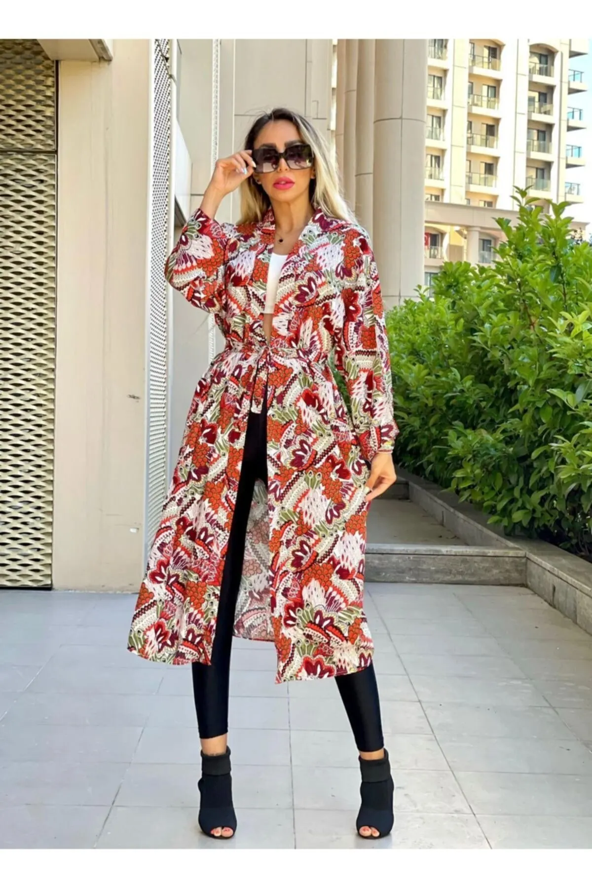 

Women's Kimono Red Green Patterned Belted Kimono 0605 Fashion Bathrobe For Ladies