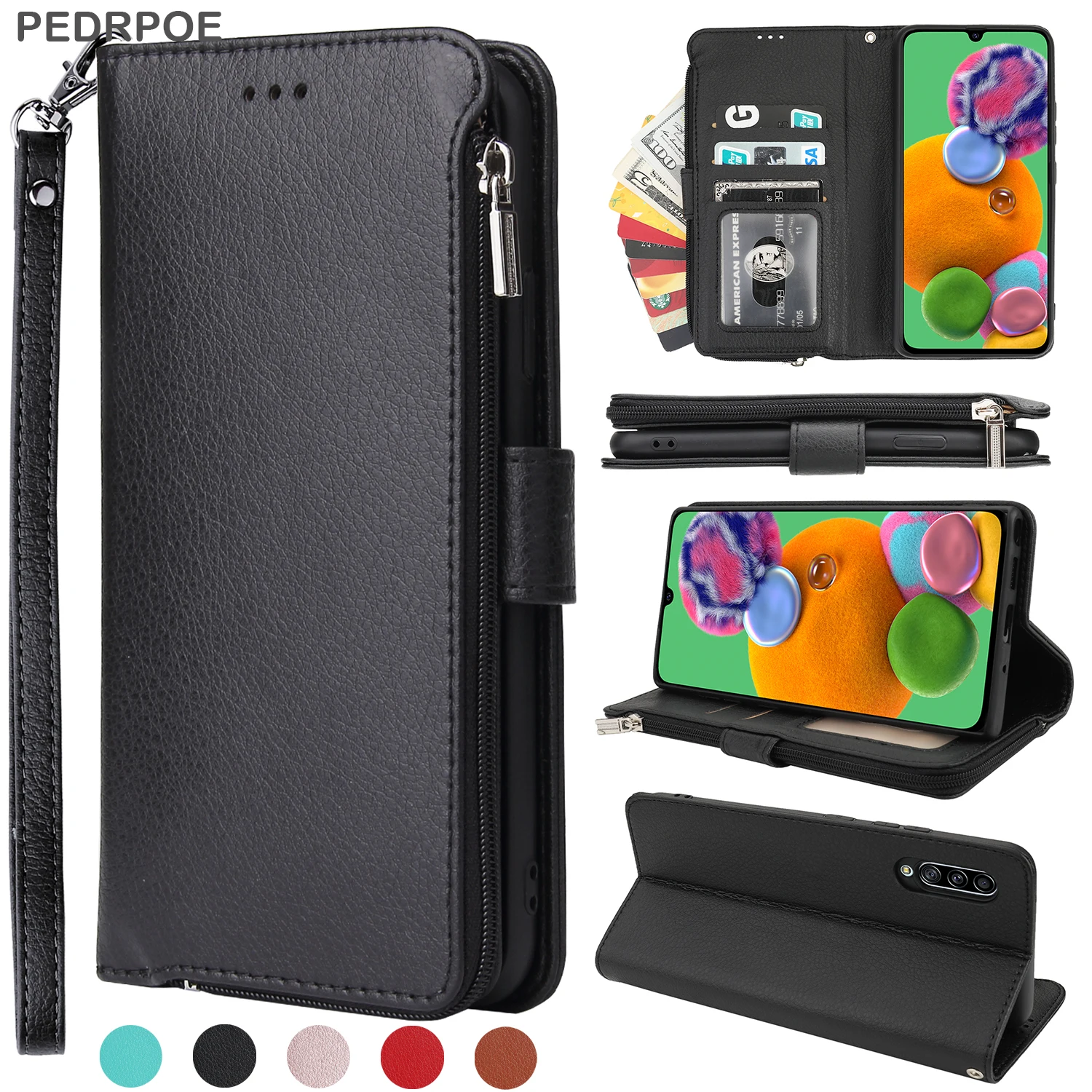 

Leather Flip Wallet Phone Cover For Samsung A91 90 81 72 71 70S 52 51 50S 40 32 30S 20E 21S A12 10S Zipper Card Bag Lanyard Case
