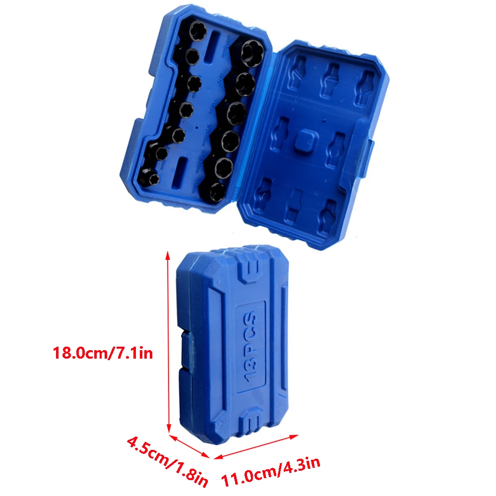 13 PCS Ściągacz do nakrętek Śruba udarowa Nakrętka Uszkodzona Zestaw narzędzi demontażu kluczy nasadowych 6 35 -19 m Pudełko Akcesoria