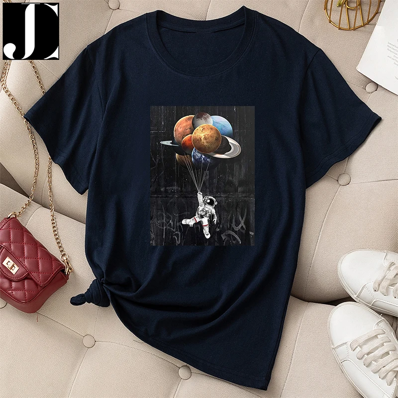 

Summer Graphic Women Casual T-shirt Regular Female Vintage Short Sleeve Astronaut Planets Print Lady 100% Cotton O-Neck Tee Tops